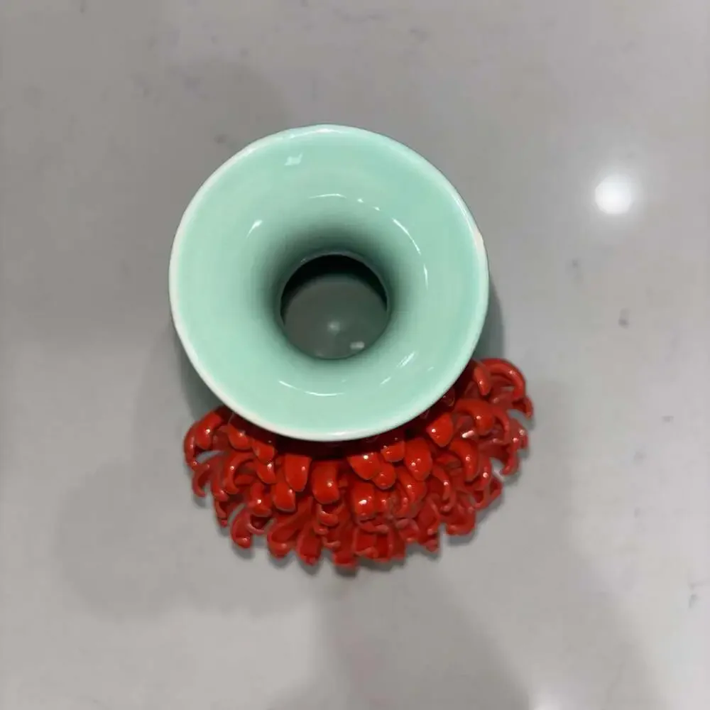 Anthropologie Celadon Blue Ceramic Vase with 3D Red Chrysanthemum Flower